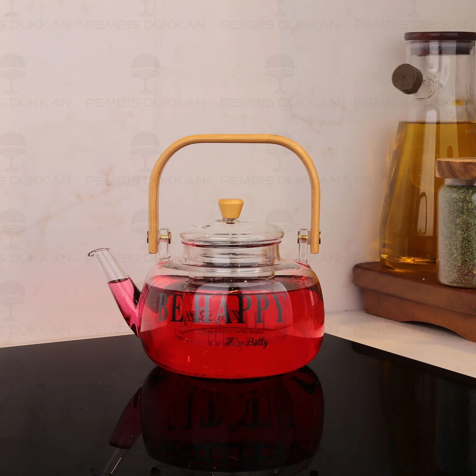 1000ML BAMBU KULPLU BOROSİLİKAT CAM, SÜZGEÇLİ DEMLİK