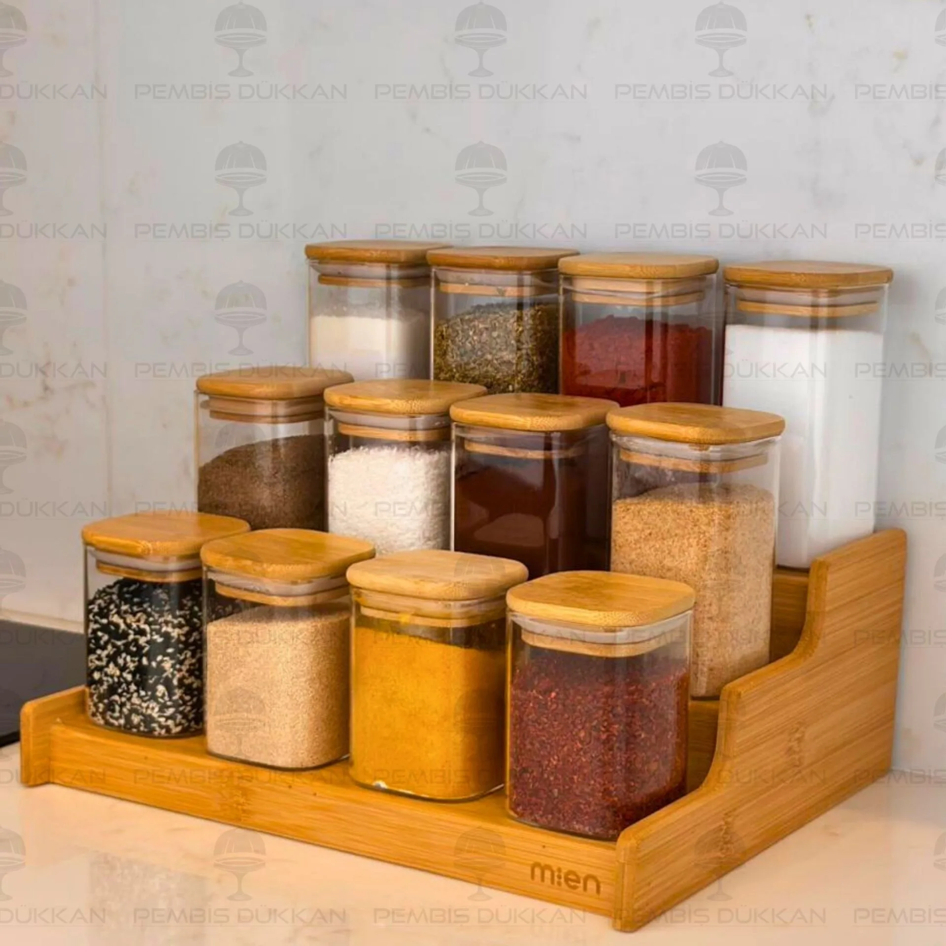 3 BASAMAKLI TEZGAH ÜSTÜ, 12Lİ BAMBU KAPAKLI BAHARATLIK (330-1348-1349-1350)
