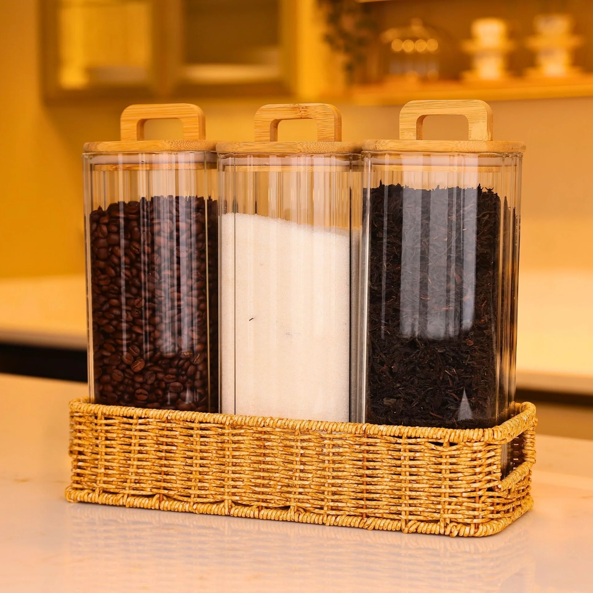 3LÜ MİLLA TEZGAH ÜSTÜ BAMBU KAPAKLI KAVANOZ KOMBİN SET (6073-096)