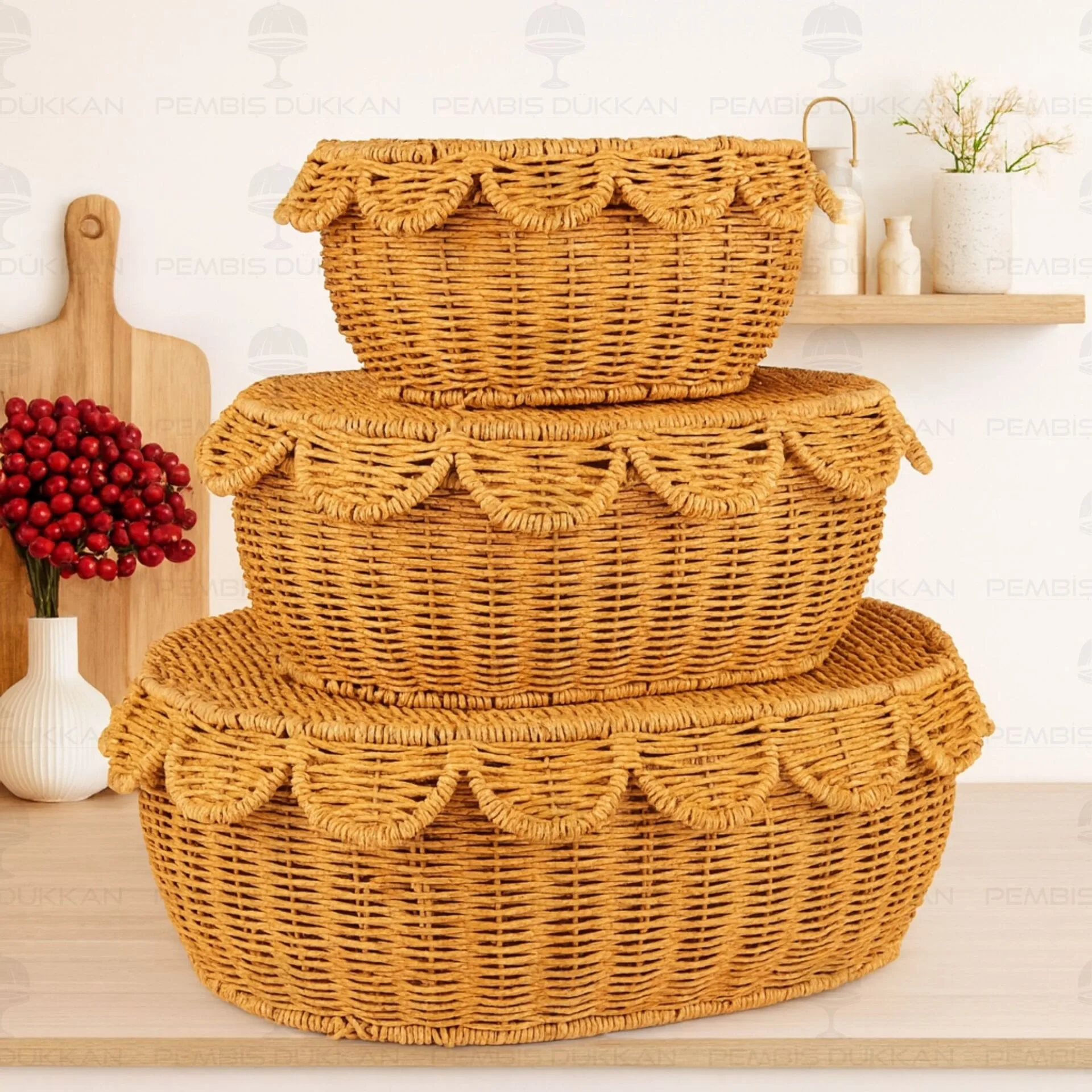 3LÜ OVAL KAPAKLI RATTAN SEPET (9T08)