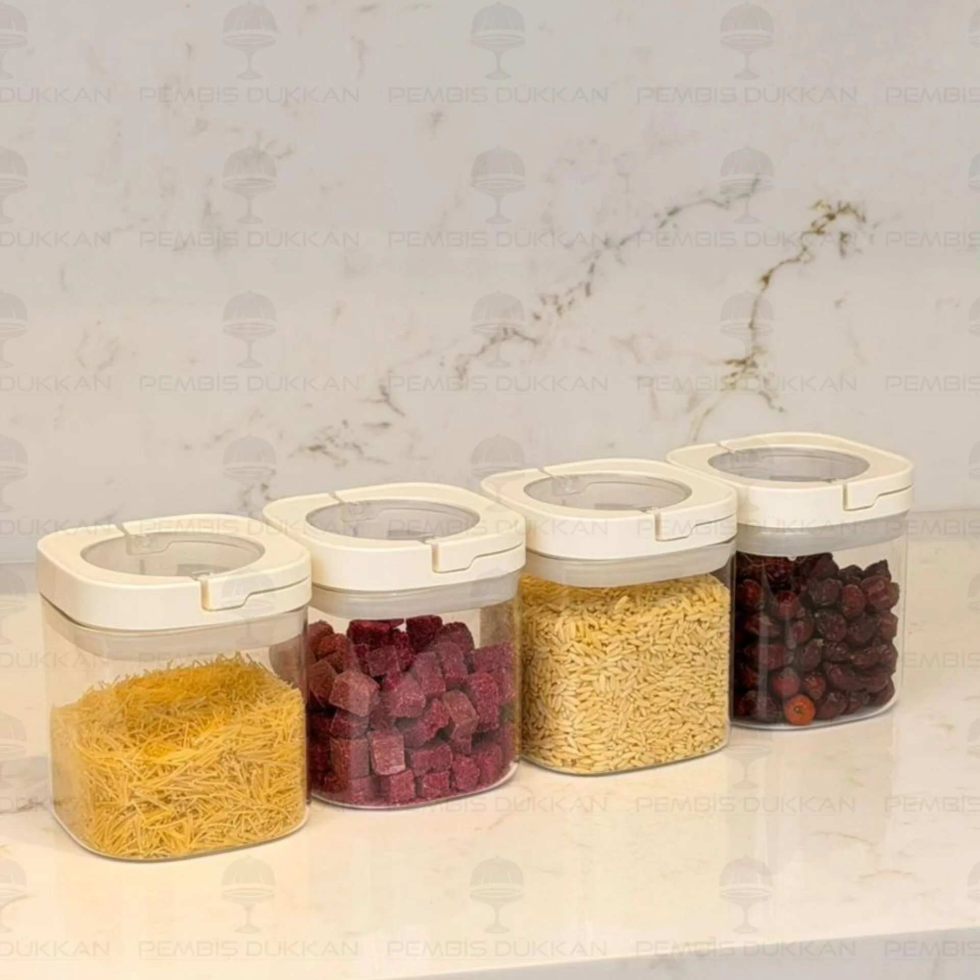 4LÜ BEYAZ KARE TESORA, 600ML ERZAK KAVANOZ SETİ