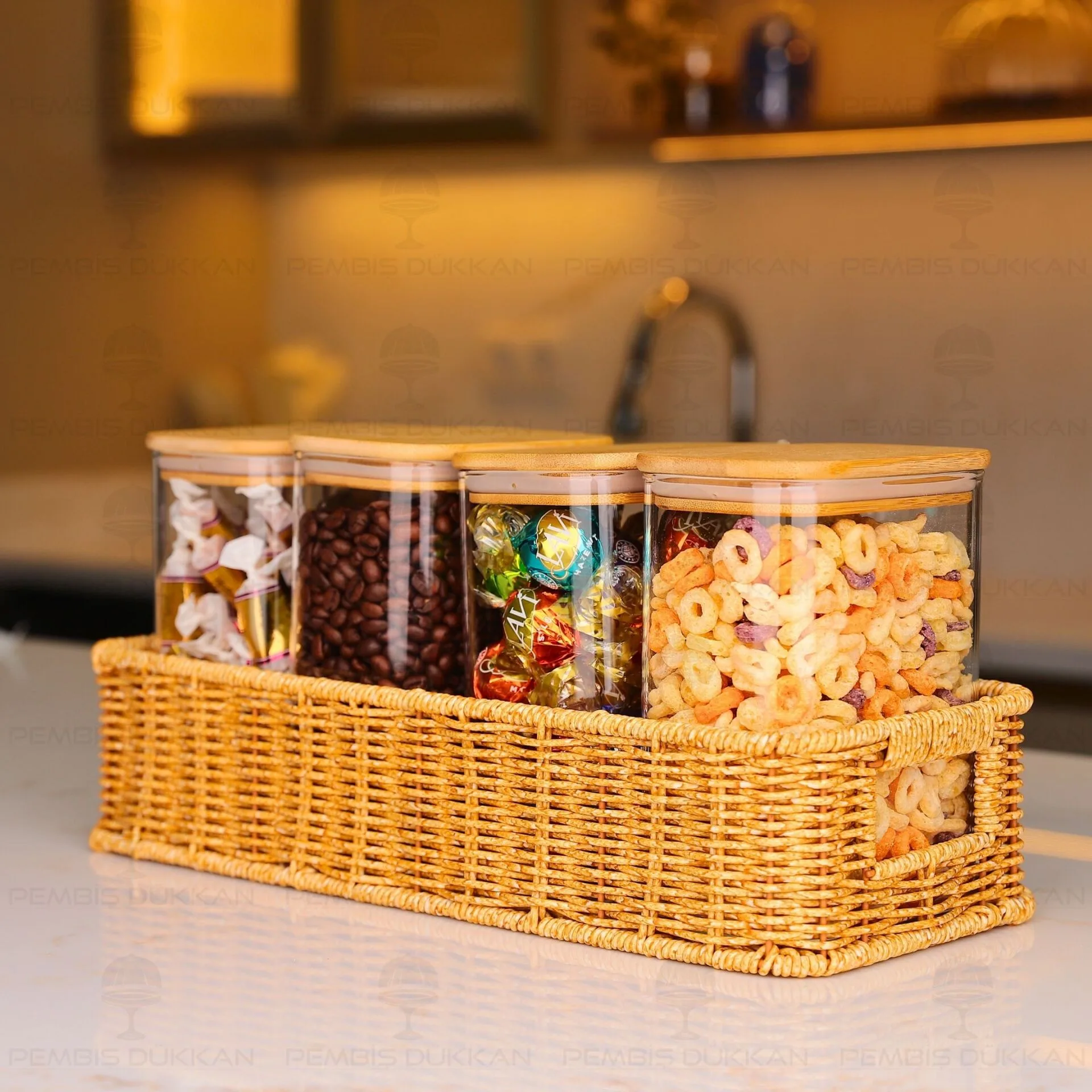 4LÜ DİKDÖRTGEN TEZGAH ÜSTÜ BAMBU KAPAKLI KAVANOZ KOMBİN SET (6073-1362)