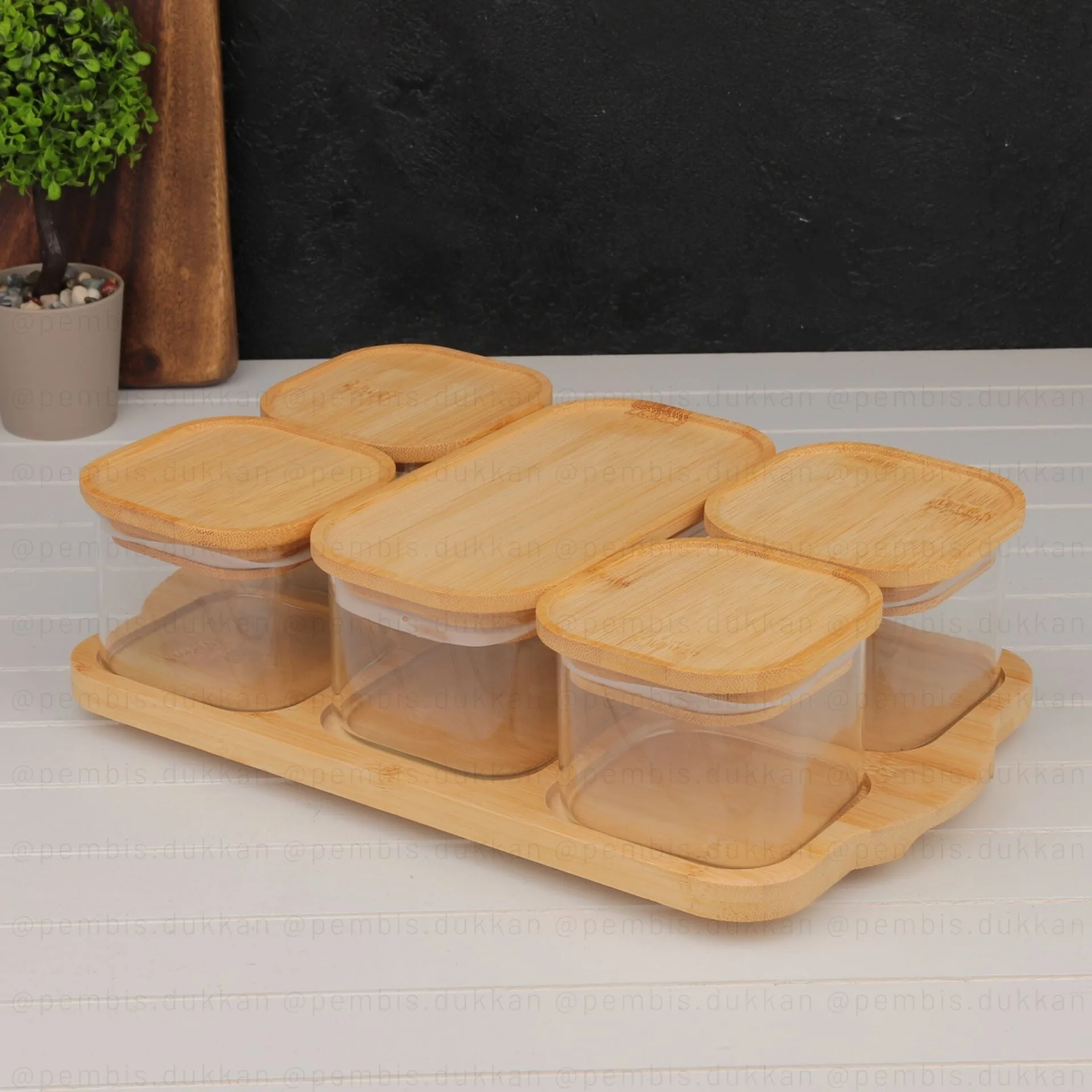 5Lİ BAMBU KAPAKLI, TEPSİLİ CAM KAHVALTILIK (BOR 0002)