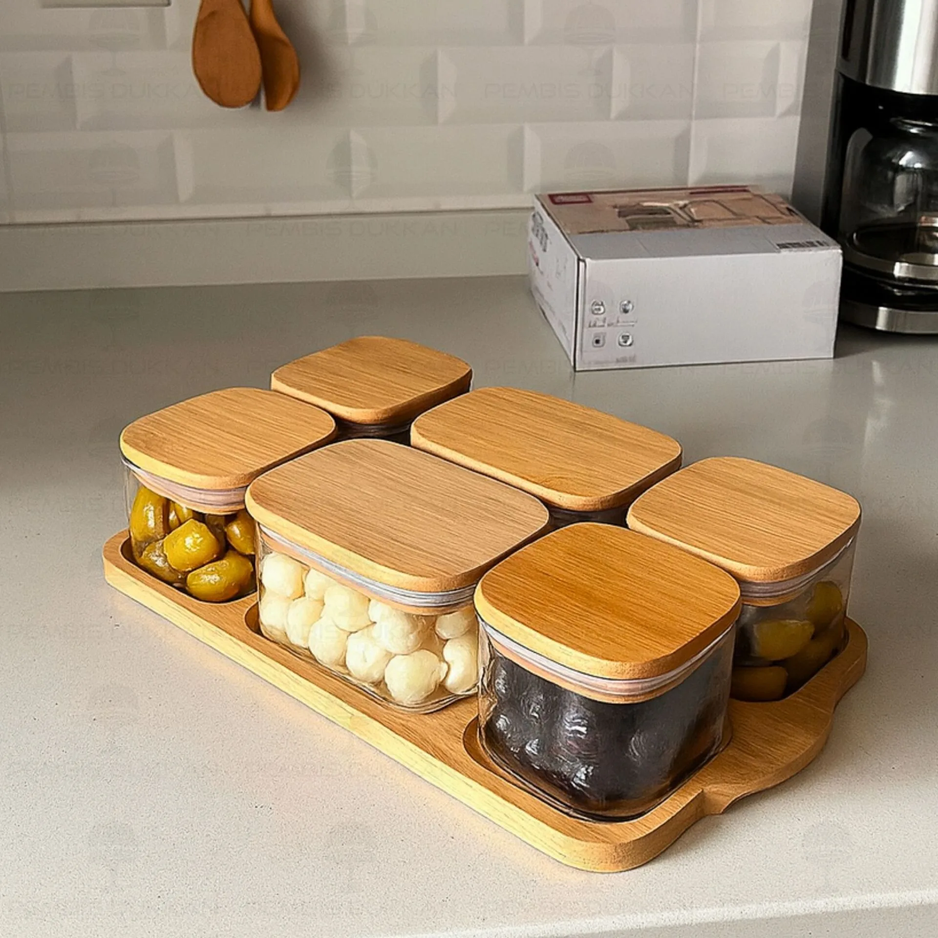 6LI BAMBU KAPAKLI, TEPSİLİ CAM KAHVALTILIK (BOR 047)