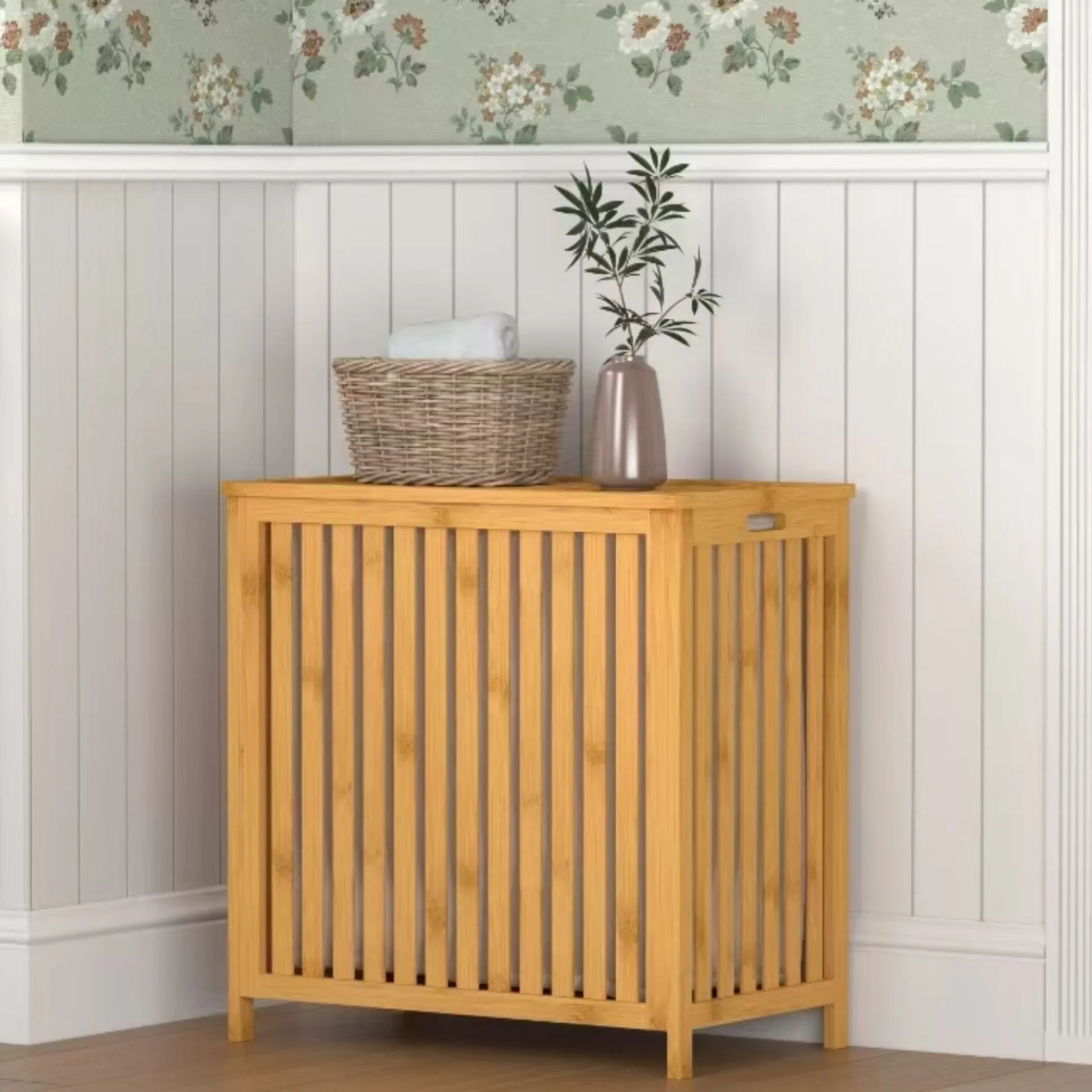 BAMBU 2 BÖLMELİ ÇİZGİLİ BOHEM ÇAMAŞIR SEPETİ (0129)