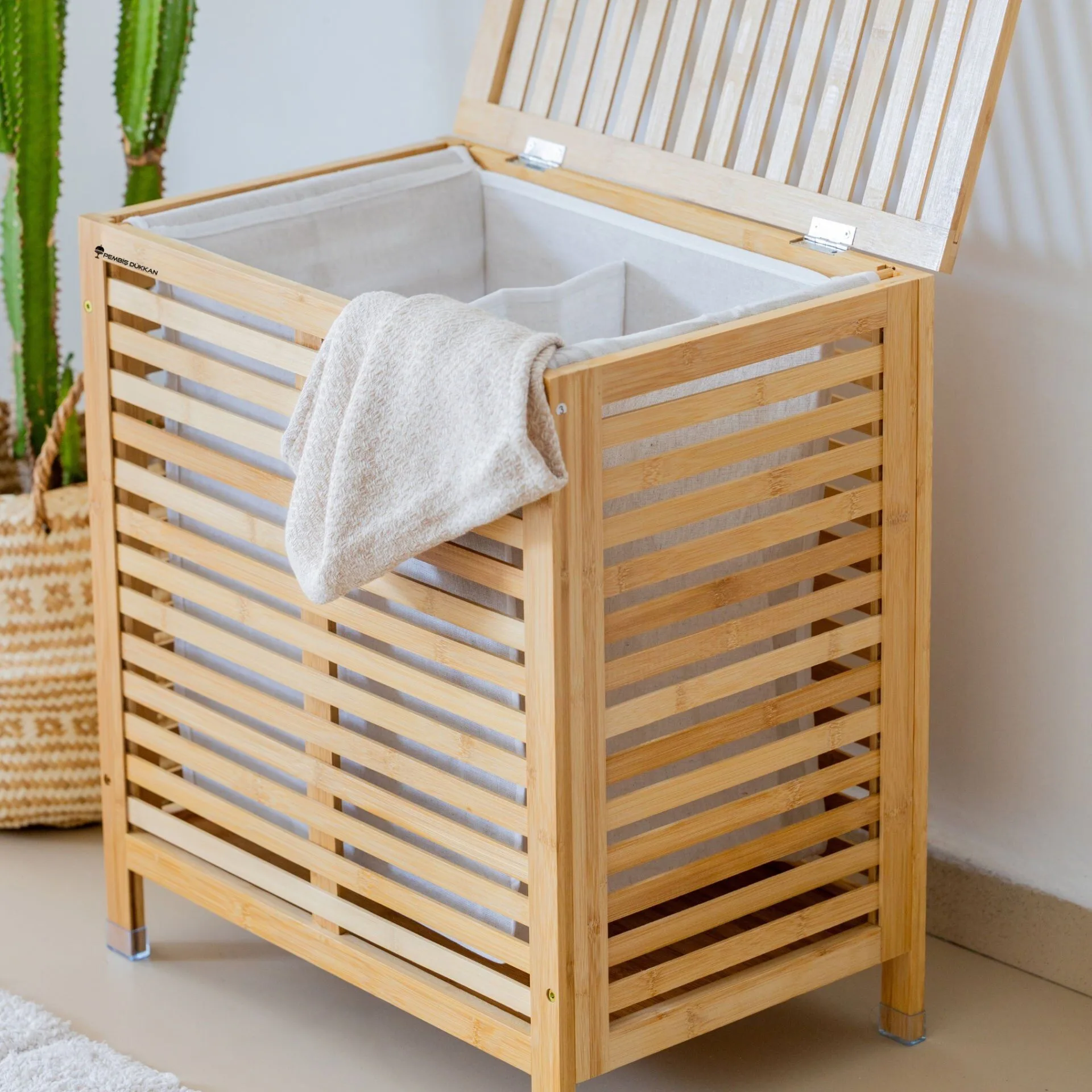 BAMBU 2 BÖLMELİ ÇİZGİLİ BOHEM ÇAMAŞIR SEPETİ (21510)