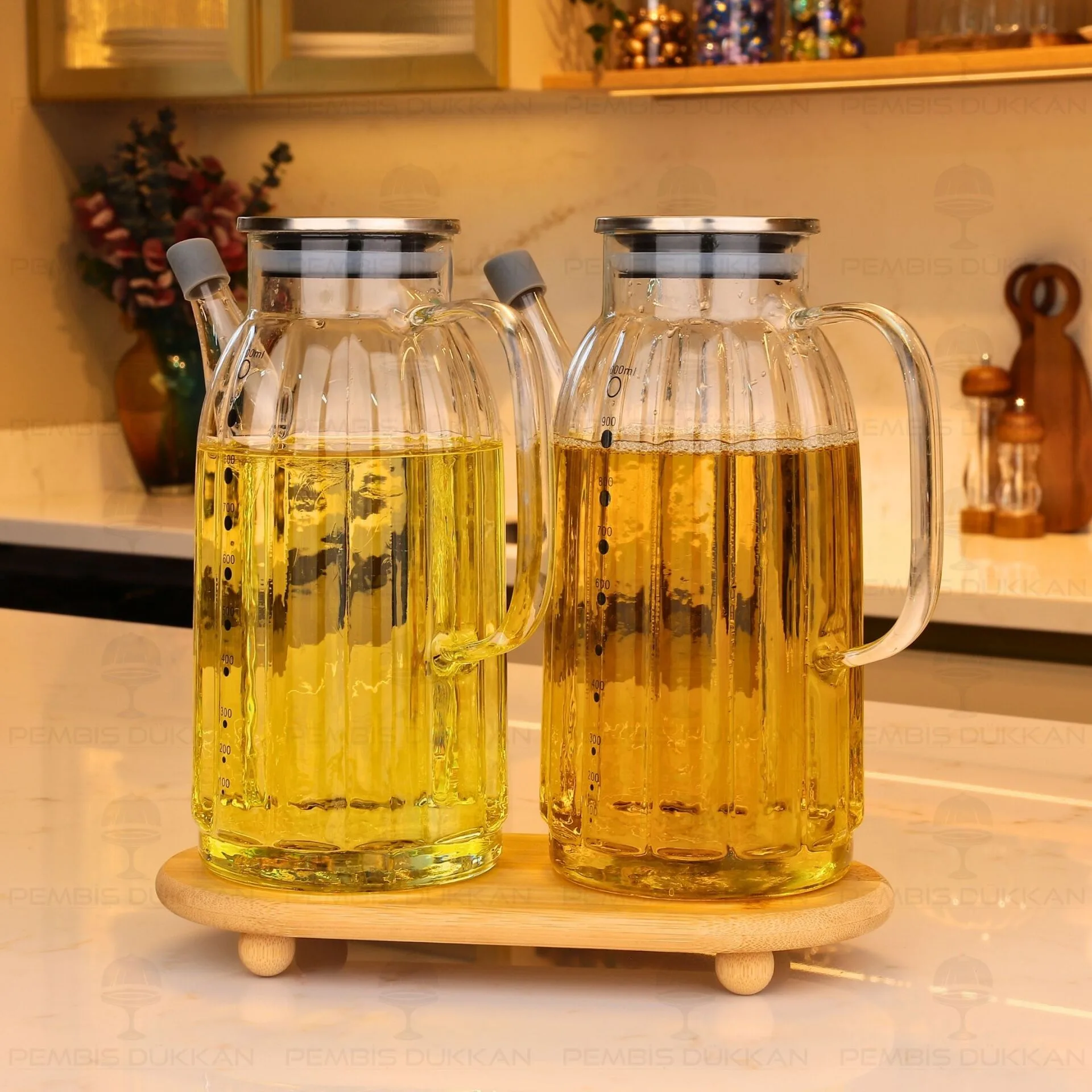 BAMBU ALTLIKLI, 2Lİ KALIN ÇİZGİLİ METAL YAĞDANLIK SET (GLA01 + 1526)