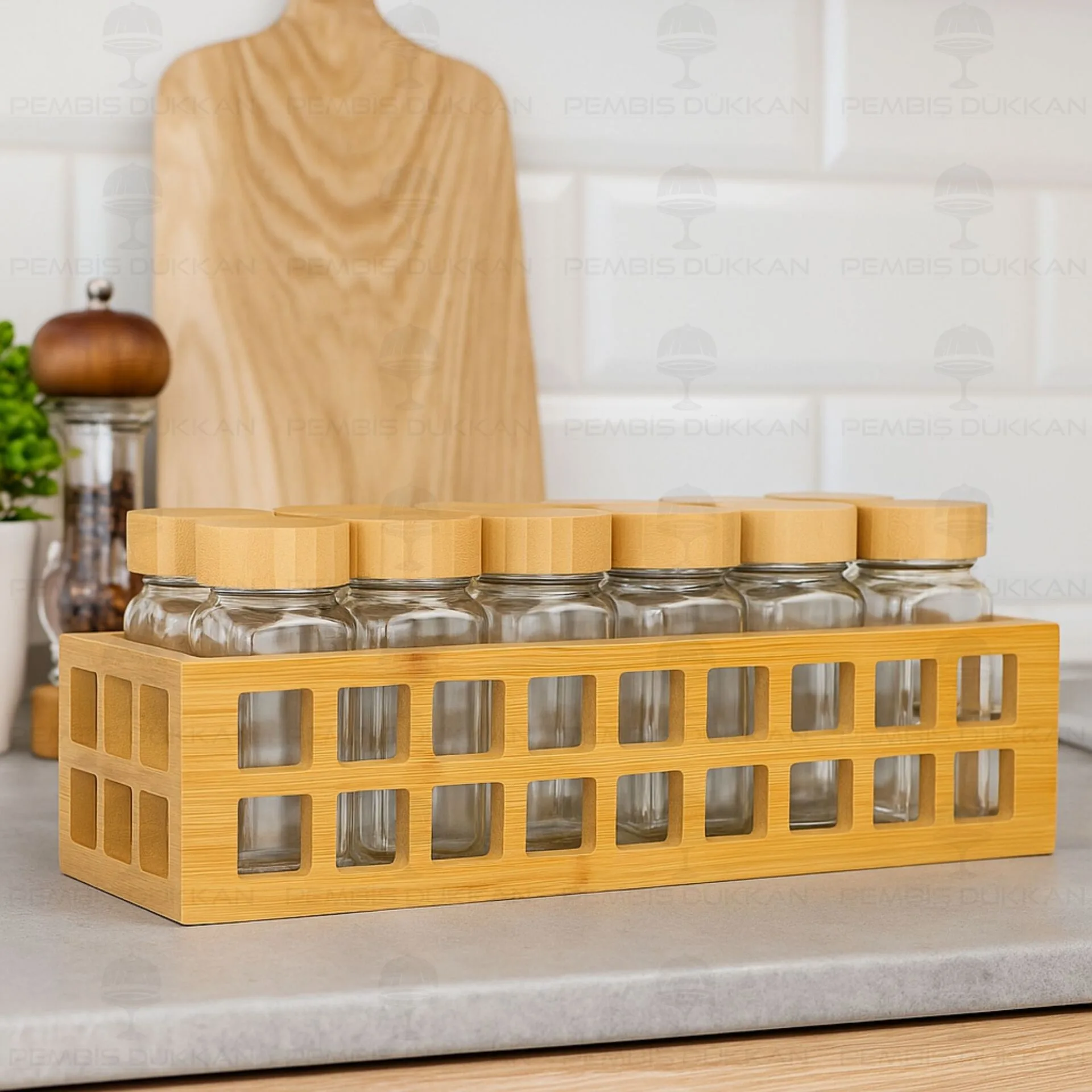 BAMBU KAFES STANDLI, 12Lİ BOHEM BAMBU KAPAKLI BAHARATLIK SET (1281)