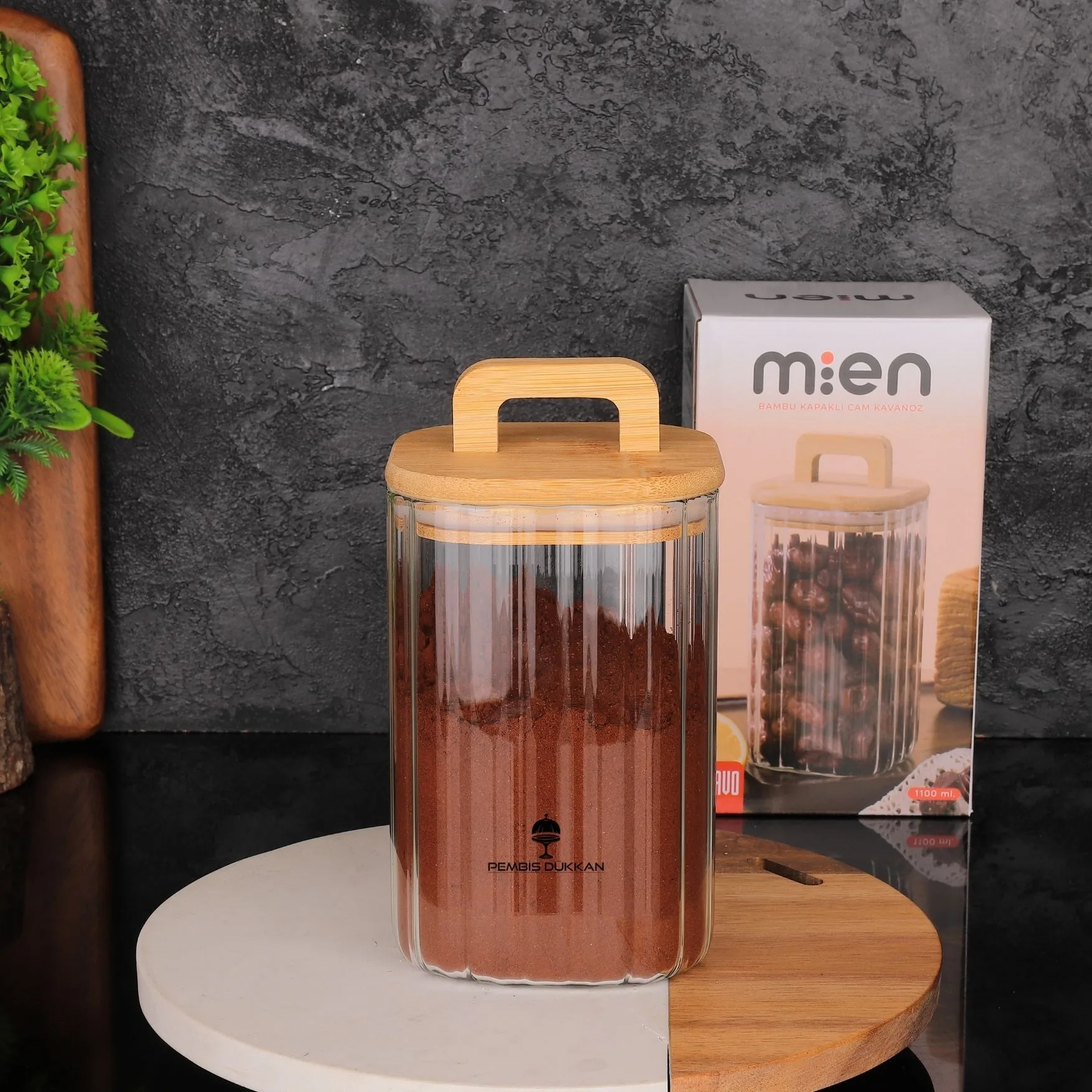 KARE MİLLA 1100ML BAMBU KAPAKLI, ÇİZGİLİ KAVANOZ (BOR 094)