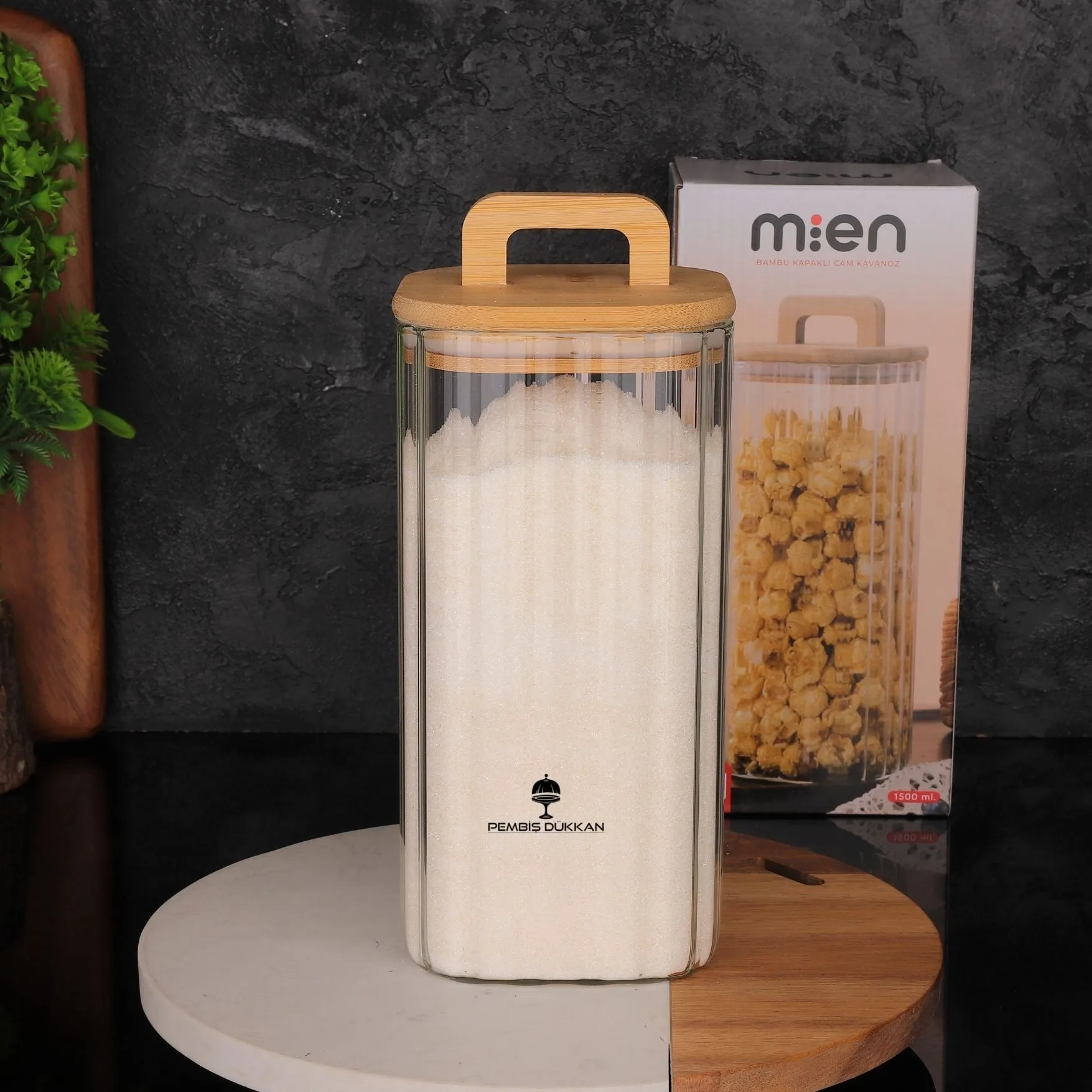 KARE MİLLA 1500ML BAMBU KAPAKLI, ÇİZGİLİ KAVANOZ (BOR 095)