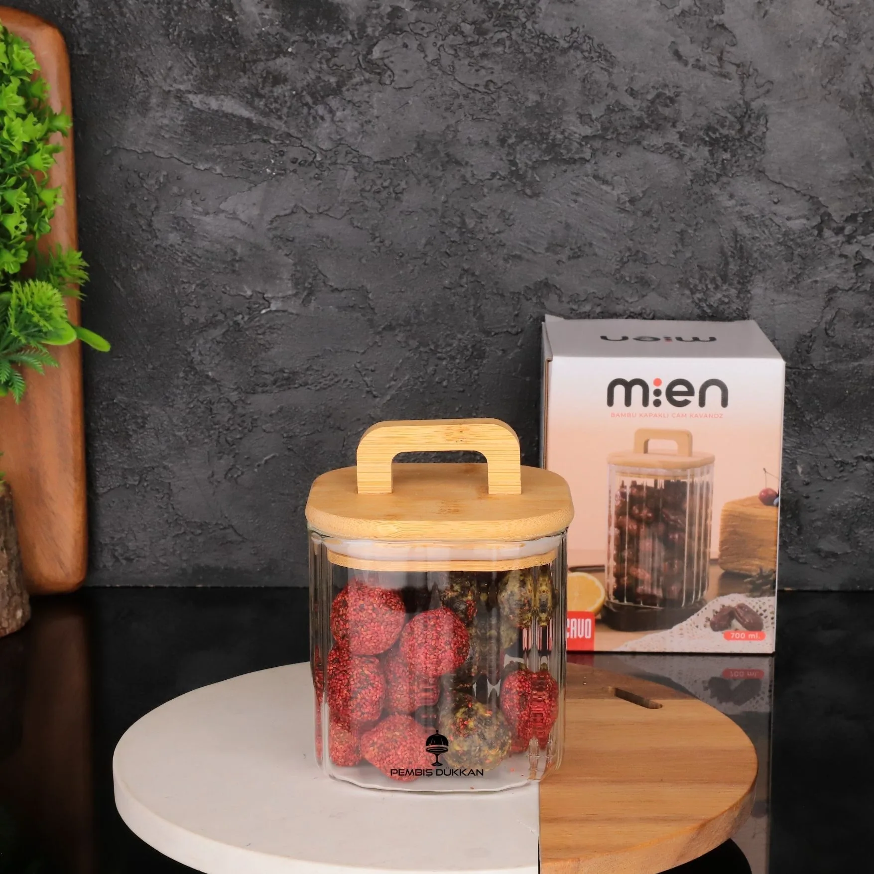 KARE MİLLA 700ML BAMBU KAPAKLI, ÇİZGİLİ KAVANOZ (BOR 093)